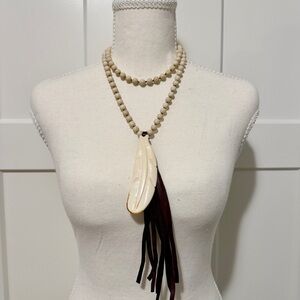 Hand Carved Feather Pendant Beaded Necklace With Leather Fringe Tassel